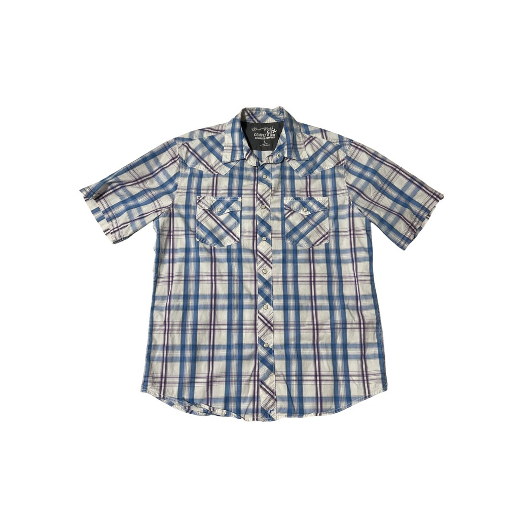 Wrangler Competition Mens Blue Purple Plaid Short Sleeve Snap Western Shirt